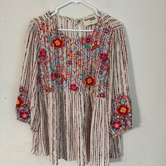 Savanna Jane Blouse Medium Beige Pheasant Floral Embroidered Hippie Boho - Picture 3 of 6